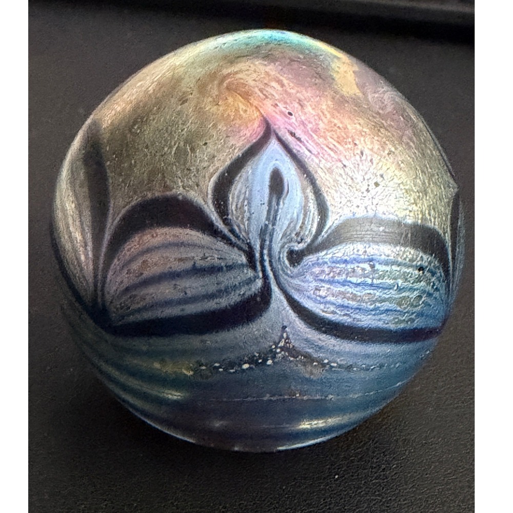 Studio Art Glass Paperweight Blue Iridescent Pulled Feather Signed